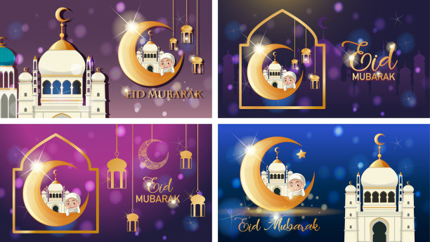 四个背景设计的穆斯林节日开斋节穆巴拉克图片下载