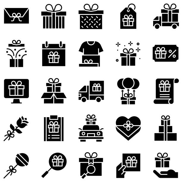 礼品相关的矢量图标设置2，坚实的风格图片下载