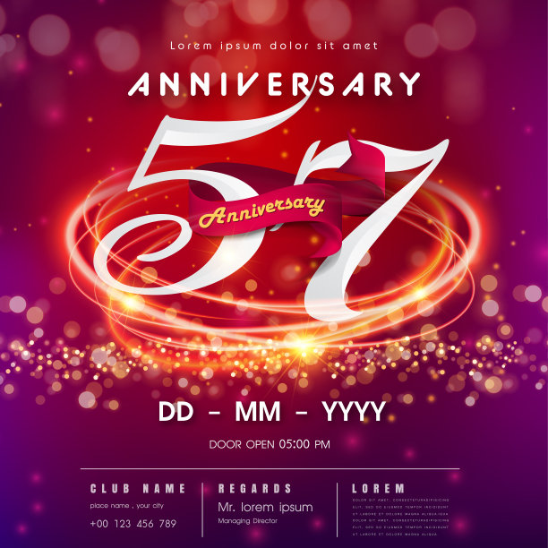 57周年纪念标志模板在红色和粉色的未来主义空间背景。第57届现代科技设计以高科技网络数字技术概念设计元素庆祝数字图片下载