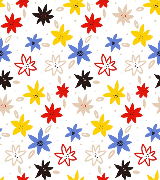 春天的花。抽象手绘花向量。夏天五颜六色的花蕾图案。可爱的背景。手绘纹理。时尚图形。卡通风格，手绘幼稚印花设计。图片下载