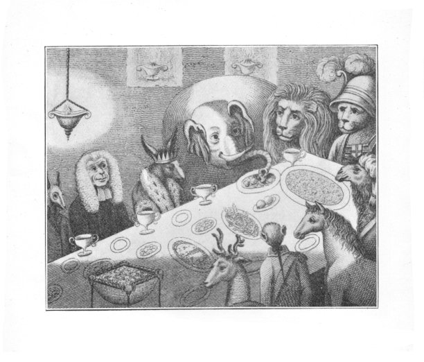 Gerogian拟人化的人物围坐在餐桌旁，摘自《被遗忘的儿童书籍1989》图片下载