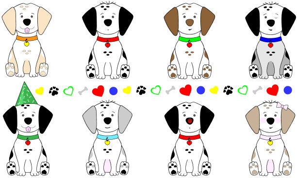 可爱的手绘制的小狗狗矢量插图，坐着，与项圈和爪印符号图片下载