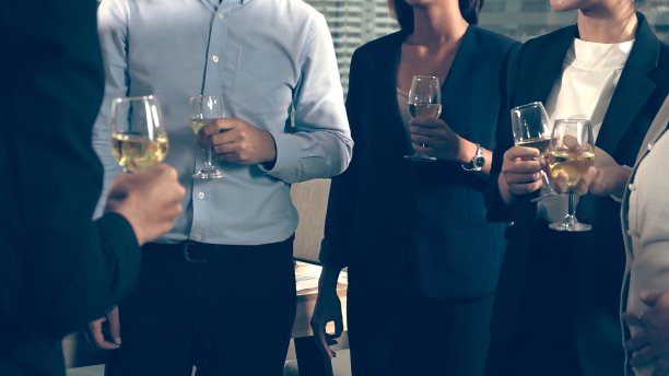 成功的商业人士在舞厅晚宴上喝葡萄酒和香槟。图片下载