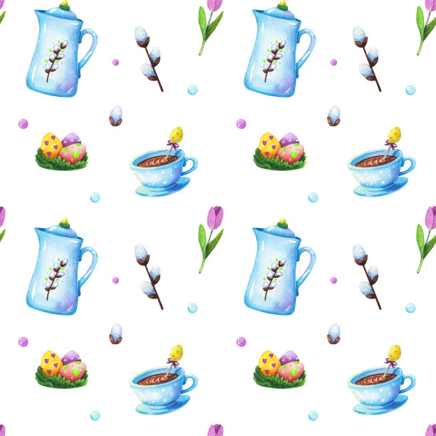 复活节彩蛋、咖啡、柳树和郁金香的图案图片下载