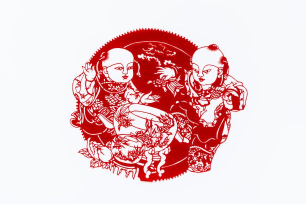 中国传统剪纸艺术图案、花窗。象征着幸福和好运。中国新年装饰元素。汉字(幸福、长寿、和平、财富、丰饶)图片下载