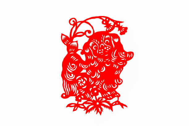 中国传统剪纸艺术图案，十二生肖。中国新年，狗年。汉字(福、寿、安、财、丰)素材图片