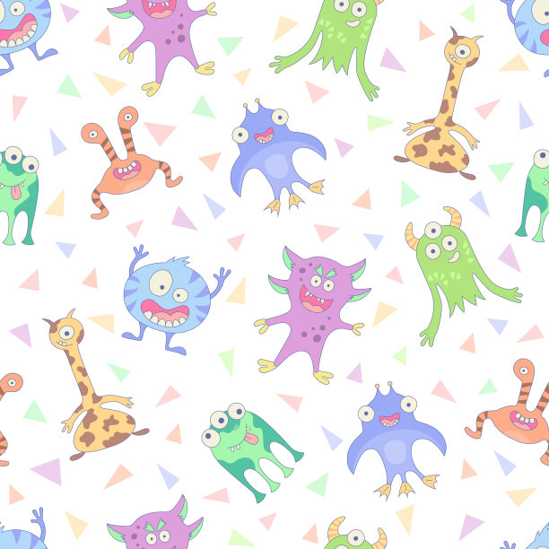 有趣的怪物。无缝图案卡通风格。向量图片下载