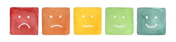 水彩插图五简单的面孔与消极和积极的情绪;广场的形状。手绘水彩画在白色的背景，剪纸剪辑艺术元素的创意设计。图片下载