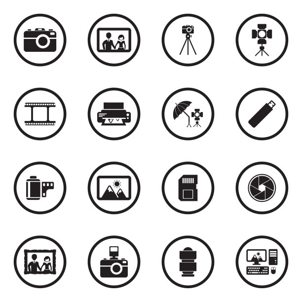 摄影的图标。圆形的黑色平面设计。矢量插图。图片下载