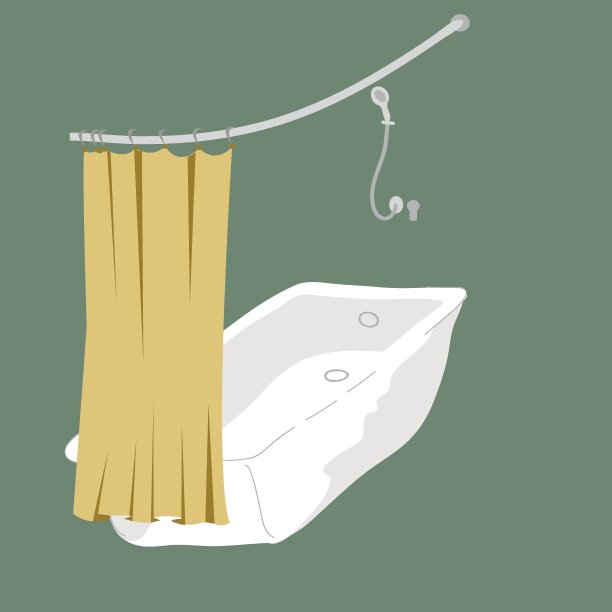 白色浴缸，黄色窗帘和混音台，绿色背景。股票矢量图图片下载