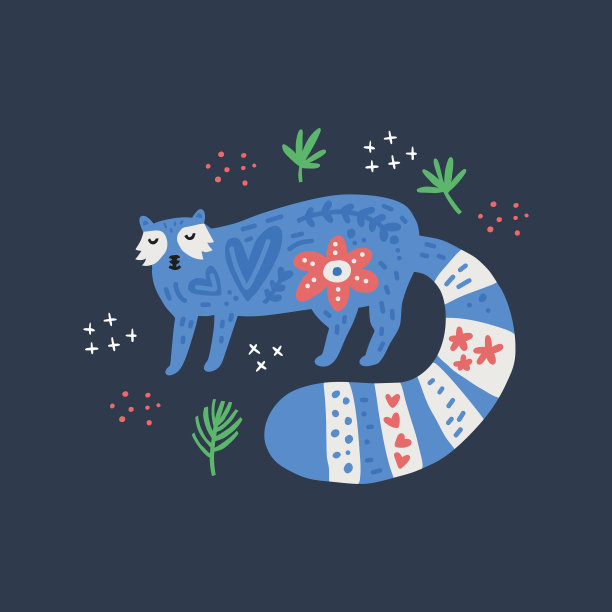 蓝色浣熊手绘平面矢量插图。卡通抽象动物在斯堪的纳维亚风格。草枝以叶、花、点为设计元素。野生哺乳动物孤立在黑色背景图片下载