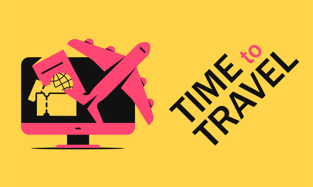 时间旅行和度假的概念。飞机，订票和国际护照的屏幕电脑与文字设计图片下载