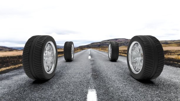 车轮上的道路概念，3D渲染图片下载