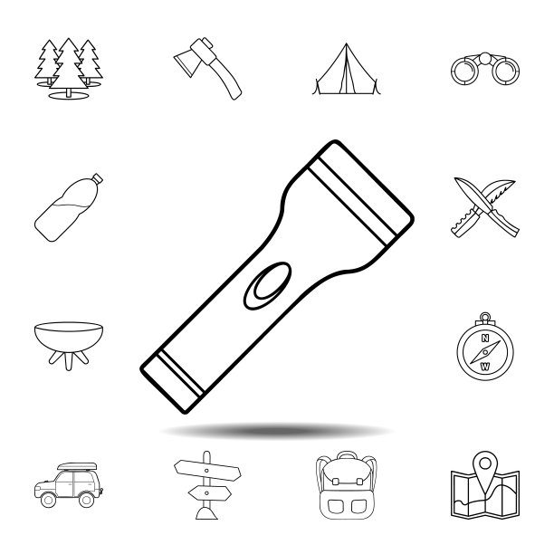 手电筒、电筒、袖珍电筒、电筒图标。简单的轮廓矢量元素露营设置的UI和UX图标，网站或移动应用程序图片下载