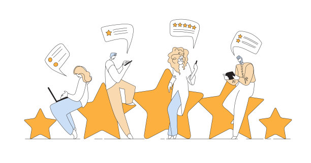 反馈，调查向量与人，男人和女人坐在大评级明星，写评论和评论服务或产品。率评价和奖状，客户服务理念。图片下载