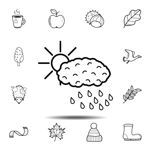 太阳越过云与雨的图标。简单的轮廓向量元素秋季图标设置为用户界面和用户体验，网站或移动应用程序图片下载