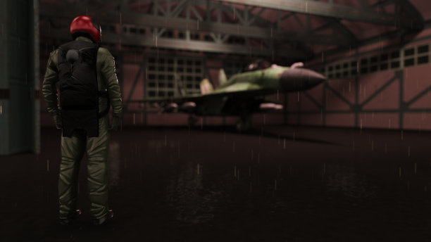 俄罗斯指挥官飞行员看着喷气式战斗机在机库3d渲染图片下载