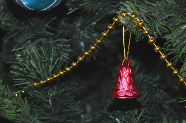 红色的、装饰的铃铛挂在圣诞树上图片下载