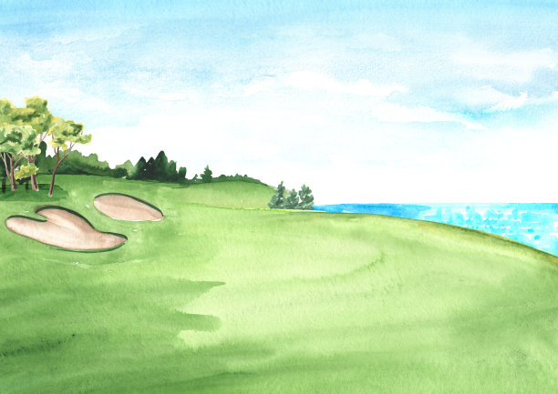 高尔夫球场的景色与美丽的绿色田野和一个丰富的草坪对着大海。手绘水彩插图和背景。图片下载
