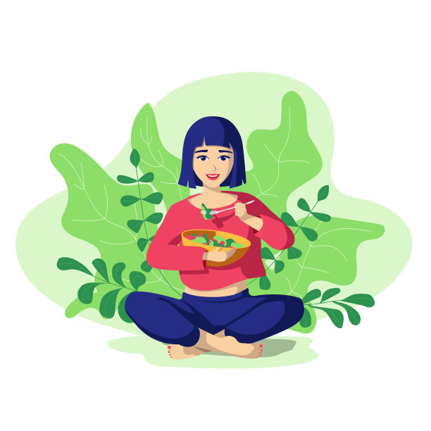 女孩正拿着一盘蔬菜沙拉坐着。她微笑着，看起来很健康图片下载