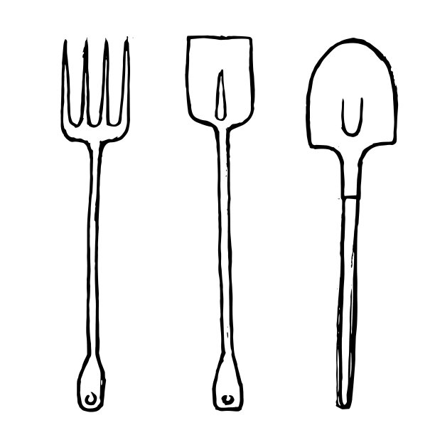 三套手绘园艺工具，铲子和干草叉孤立在白色。图片下载