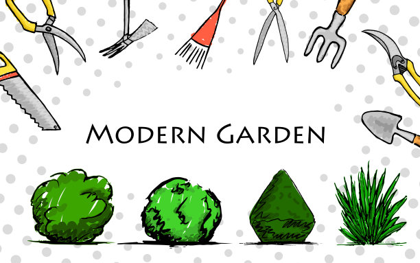创意卡片设计与花园灌木和园艺工具。图片下载