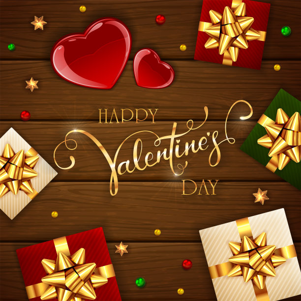 木制的背景与红色的心，礼物与金色的弓和闪亮的星星。金字情人节快乐。图片下载