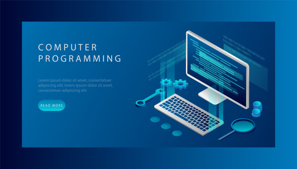计算机编程的概念。软件开发与编程，笔记本电脑屏幕程序代码，大数据处理，计算。等距矢量图图片下载