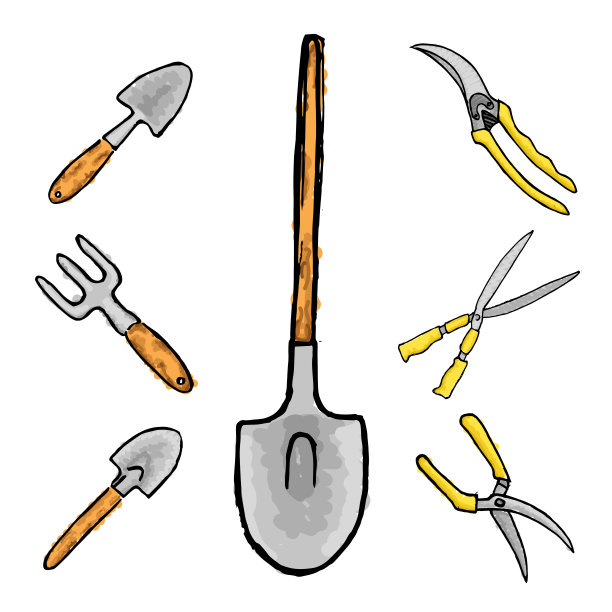 手绘一套七个工具的园艺。春季爱好插图。图片下载