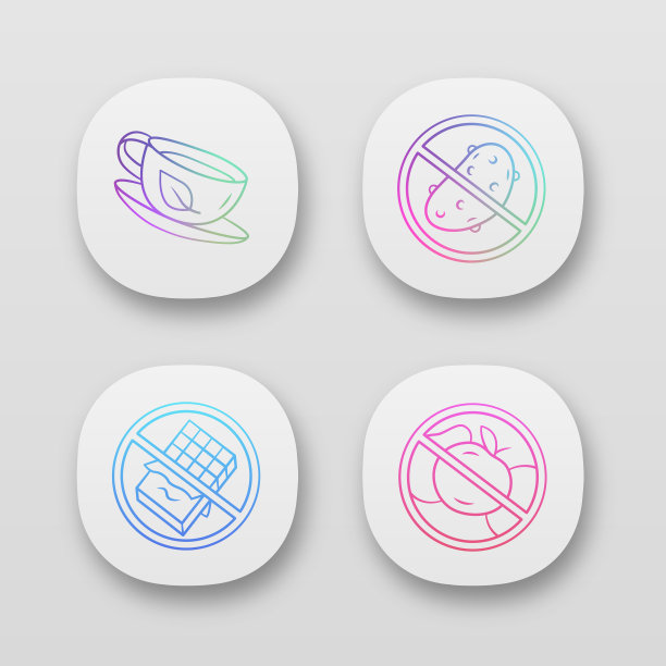 低碳水化合物饮食应用程序图标设置。无葡萄糖和碳水化合物糖尿病产品。UI / UX的用户界面。无糖食品和健康饮食。Web或移动应用程序。向量孤立的插图图片下载