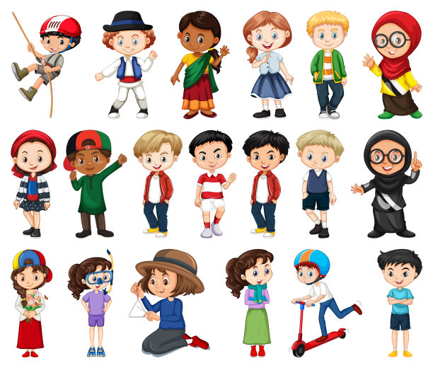 一大群男孩和女孩在白色背景上做不同的活动图片下载