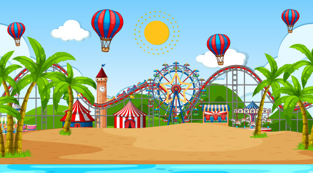 海滩上有许多马戏表演和热气球图片下载