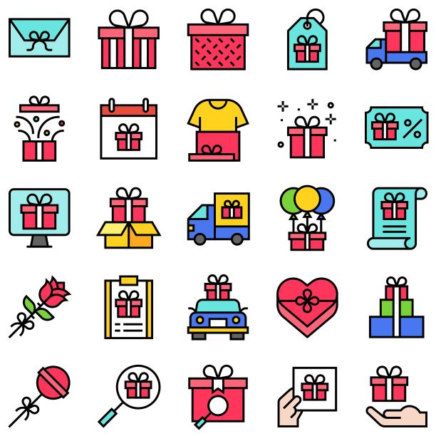 礼品相关的矢量图标设置2，填充样式图片下载