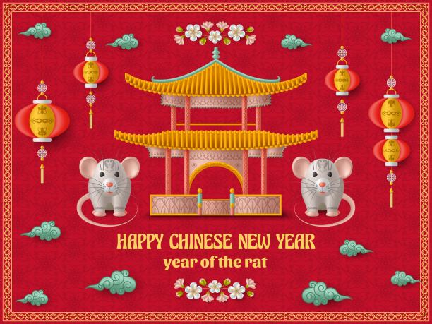 欢乐春节背景有创意银鼠，樱花枝上挂满鲜花和灯笼。红色的模板。矢量图图片下载