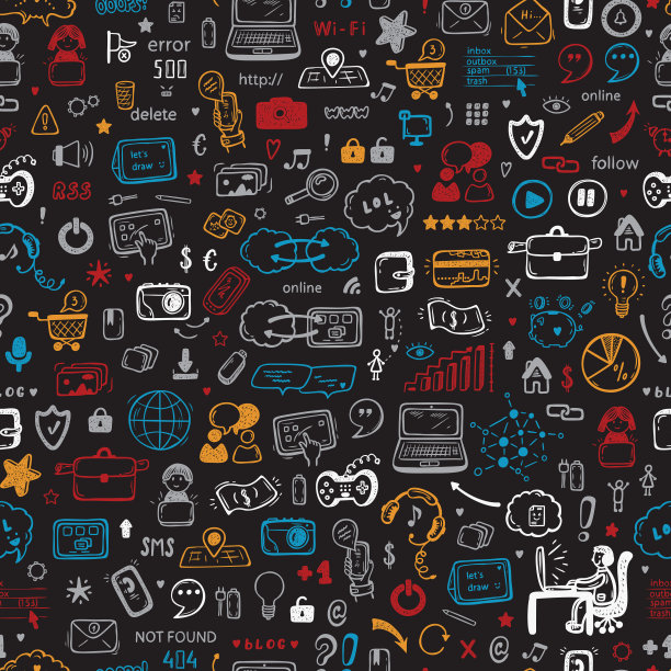 手绘涂鸦云计算技术和社交媒体图标矢量无缝模式。物联网背景。图片下载
