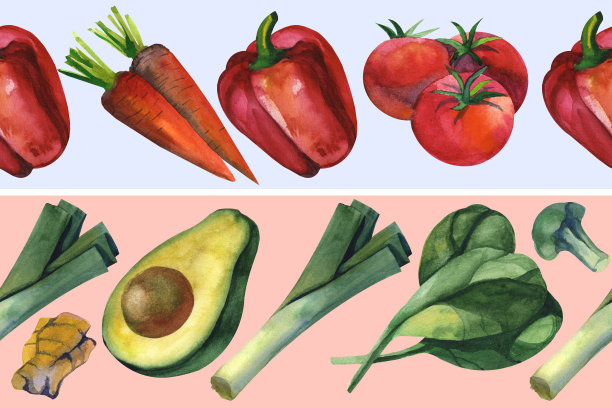 水彩无缝花卉图案与健康食品手绘装饰背景。印刷纺织品，布料，墙纸，剪贴簿图片下载