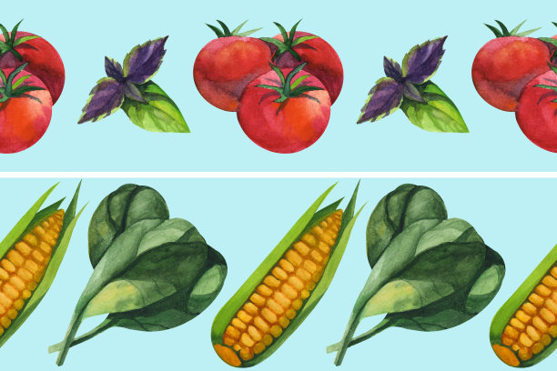 水彩无缝花卉图案与健康食品手绘装饰背景。印刷纺织品，布料，墙纸，剪贴簿素材图片