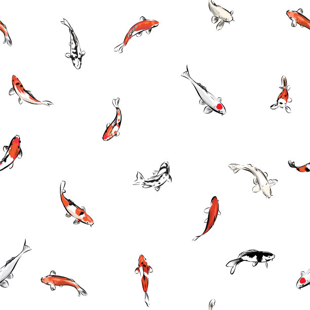 手绘日本锦鲤游泳随机无缝图案矢量EPS10，设计时尚，织物，网，wallaper，包装和所有印花图片下载