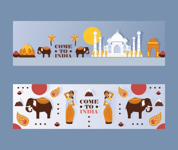 印度旅游横幅，矢量插图。带有印度文化、传统、建筑和宗教象征的旅行社网站标题。亚洲最受欢迎的旅游目的地图片下载