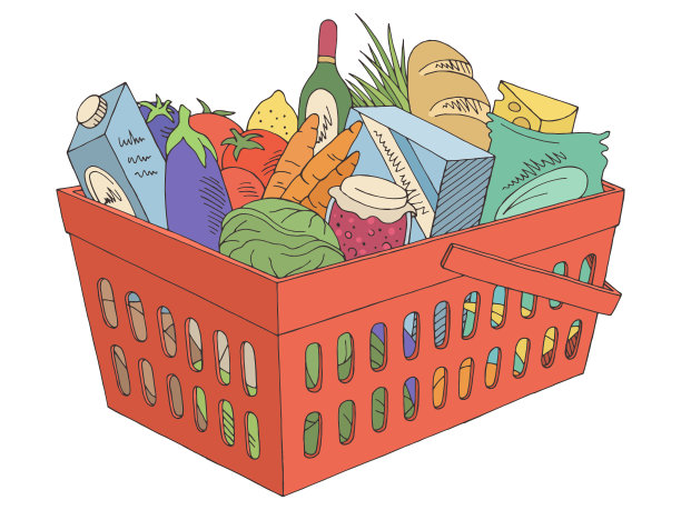 杂货篮子图形孤立的颜色素描插图向量图片下载