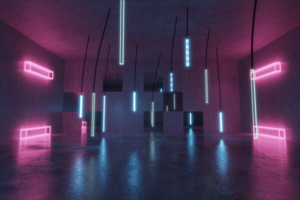 混凝土背景的三维渲染与照明悬挂led面板和立方洋红灯图片下载