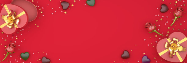 情人节快乐，红玫瑰心形礼盒，巧克力糖果，金色的五彩纸屑背景。贺卡、平铺、横幅、版面、抄写空间文字区。3 d演示。图片下载