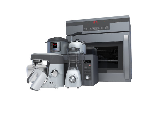 厨房电器内置成组电烤箱、搅拌器、电热水壶、微波炉三维渲染，白色背景无阴影图片下载