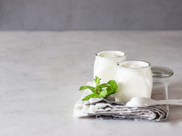 两份天然自制有机酸奶在玻璃罐薄荷灰色石板背景。新鲜天然发酵乳制品。图片下载