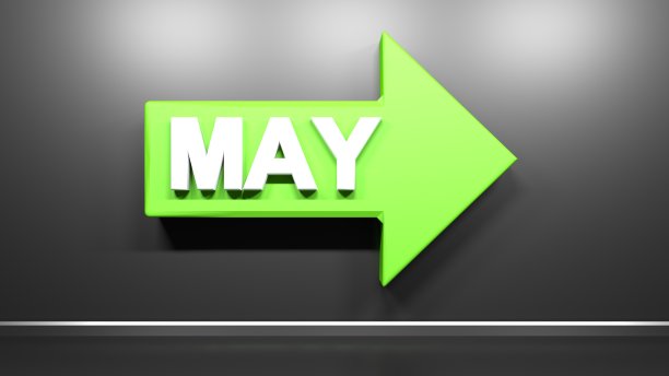 绿色箭头与写五月，在黑色光泽的背景- 3D渲染插图图片下载