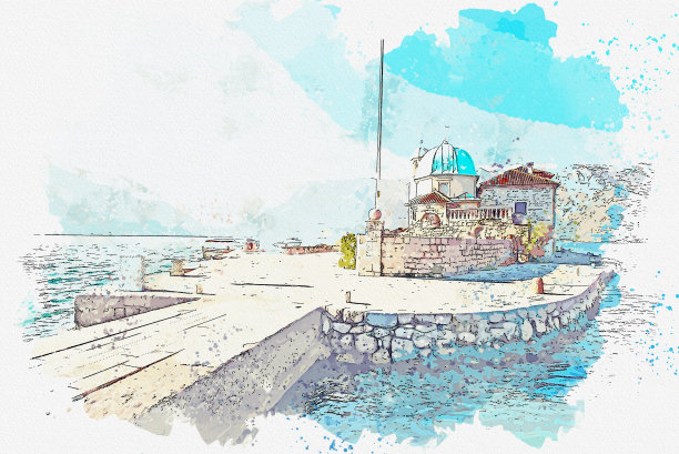 黑山科托尔湾女士岩石水彩画图片下载