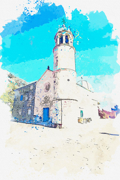 黑山科托尔湾女士岩石水彩画图片下载