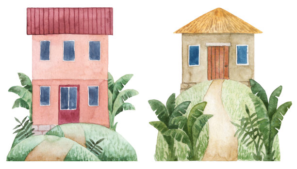 一套农舍建筑。小屋在水彩图片下载