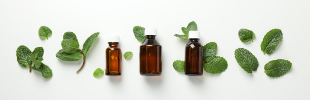 白色背景上的药瓶和薄荷。水平的照片图片下载
