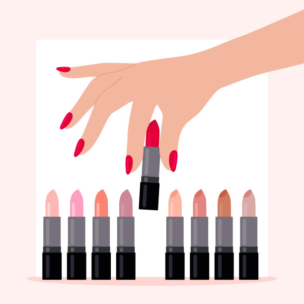 女人的手选择红色的口红。选择，美丽和性感的概念。要聪明，要大胆。一套不同颜色的口红。化妆品、化妆、沙龙。平面向量插图图片下载